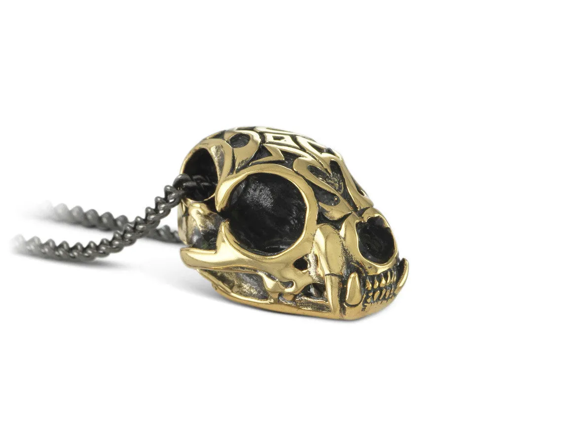 Ornate Lynx Skull Necklace - Bronze