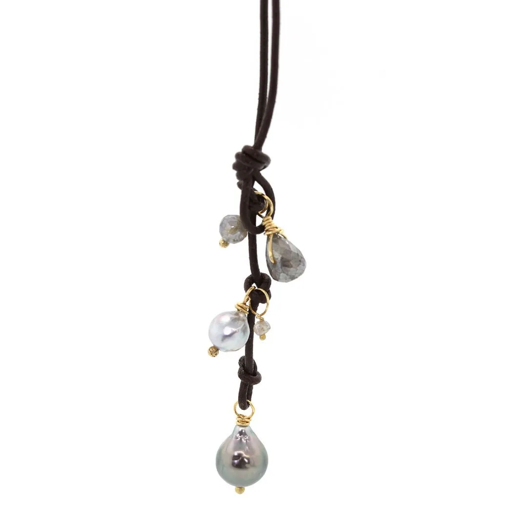 Pearl & Labradorite Leather Lariat Necklace