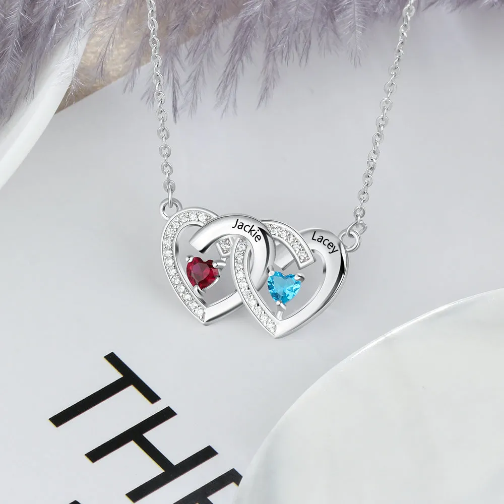 Personalized 2 Stone Mother's Necklace Paved Hearts 2 Engraved Names