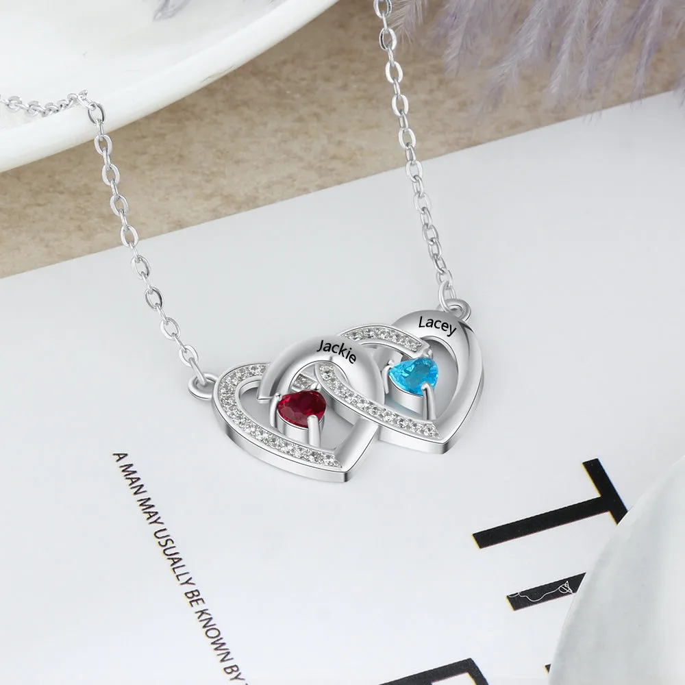 Personalized 2 Stone Mother's Necklace Paved Hearts 2 Engraved Names