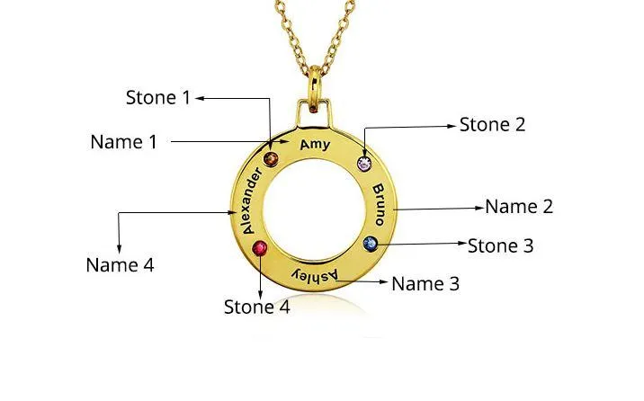 Personalized Gold 4 Birthstone Mother's Necklace Life Saver 4 Names