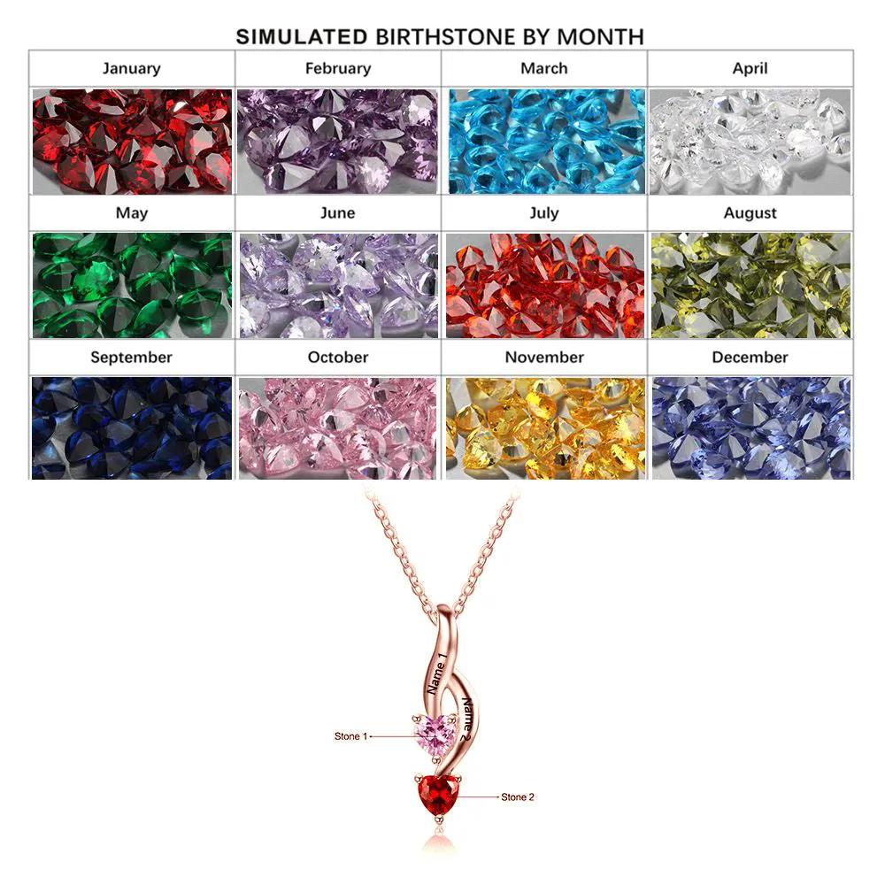 Personalized Mother's Necklace 2 Heart Birthstones 2 Engraved Names