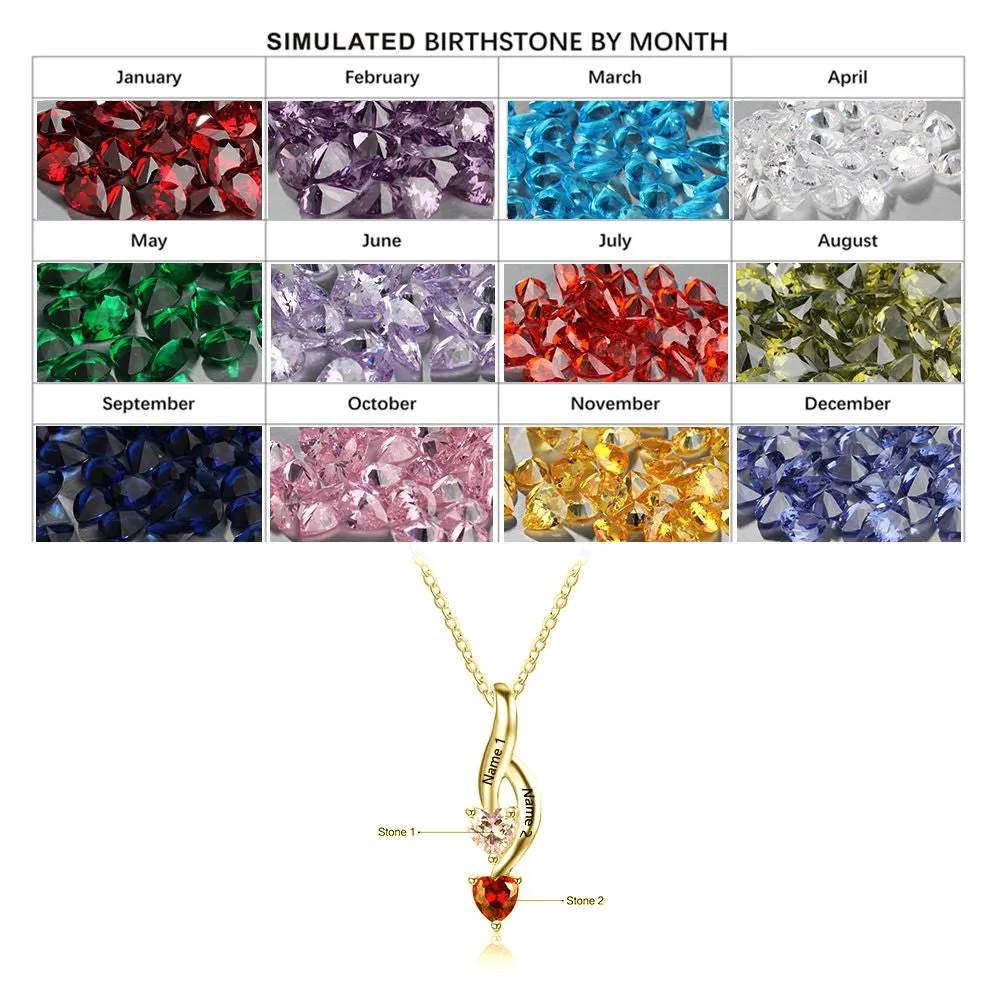 Personalized Mother's Necklace 2 Heart Birthstones 2 Engraved Names