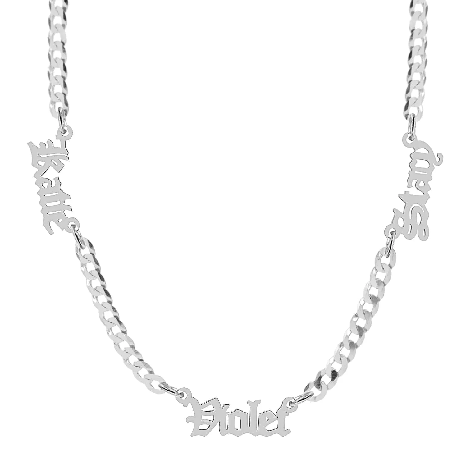 Personalized Nameplate Necklace w/ Three Gothic Names on Cuban Chain