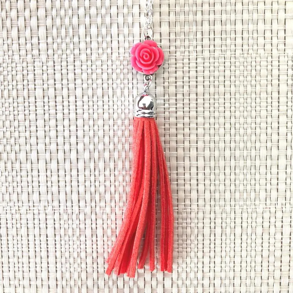 Pink Rose Flower and Tassel Long Necklace