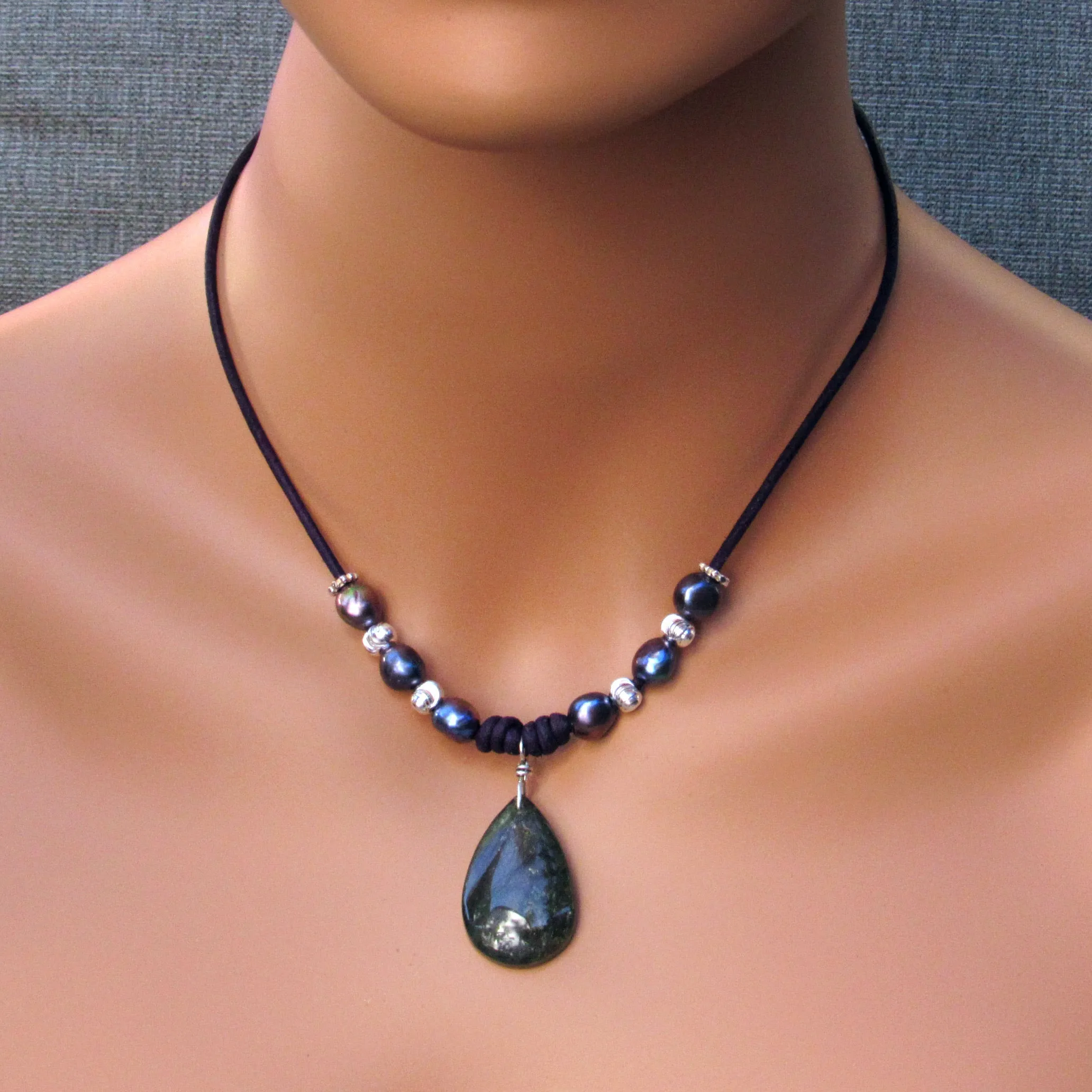 Purple Teardrop Labradorite Pendants, Freshwater Pearls, Sterling Silver Beads and Clasp on Purple Leather