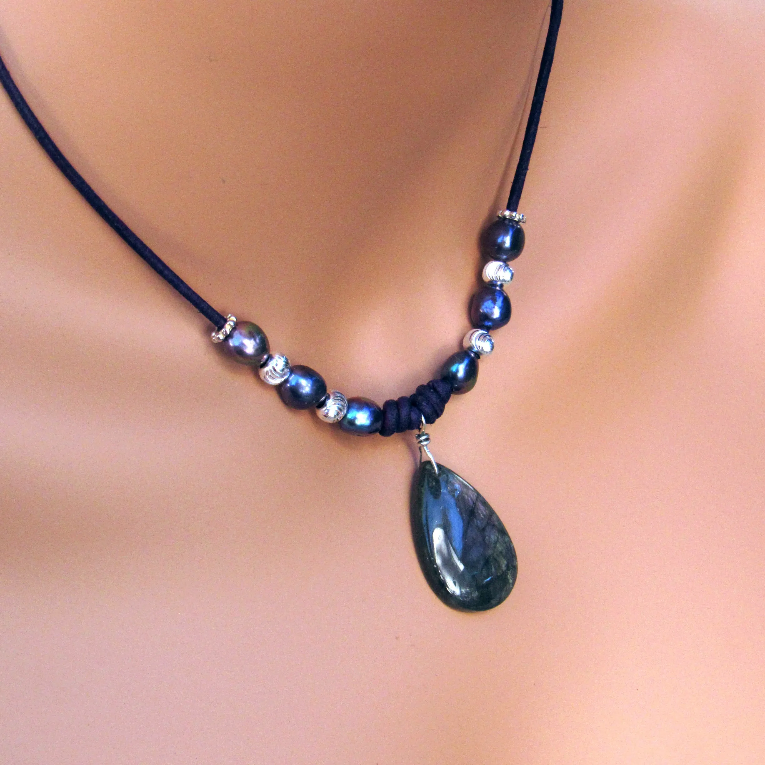 Purple Teardrop Labradorite Pendants, Freshwater Pearls, Sterling Silver Beads and Clasp on Purple Leather