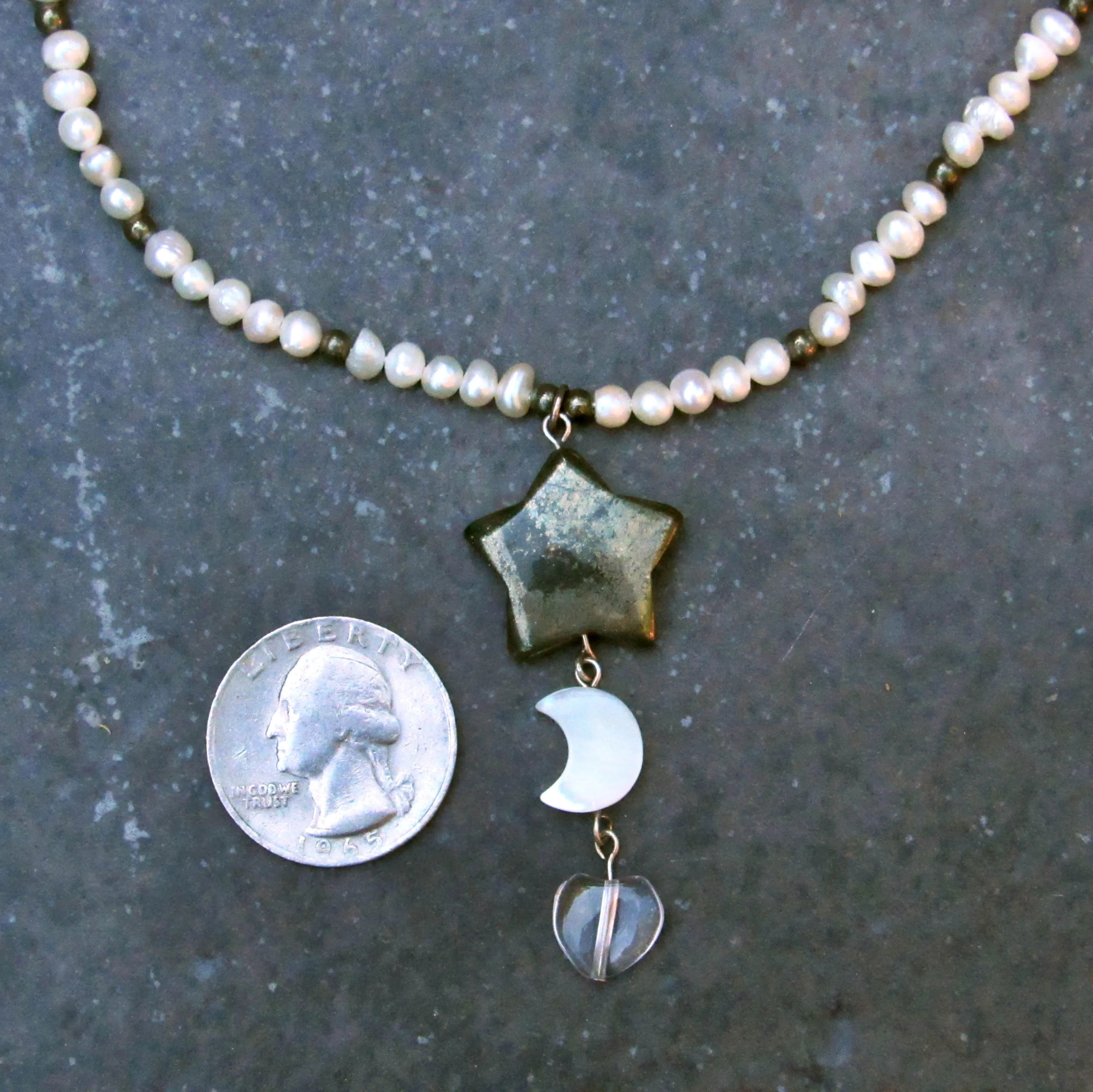 Pyrite Star, Mother of Pearl Moon, Clear Quartz Heart gemstone Necklace