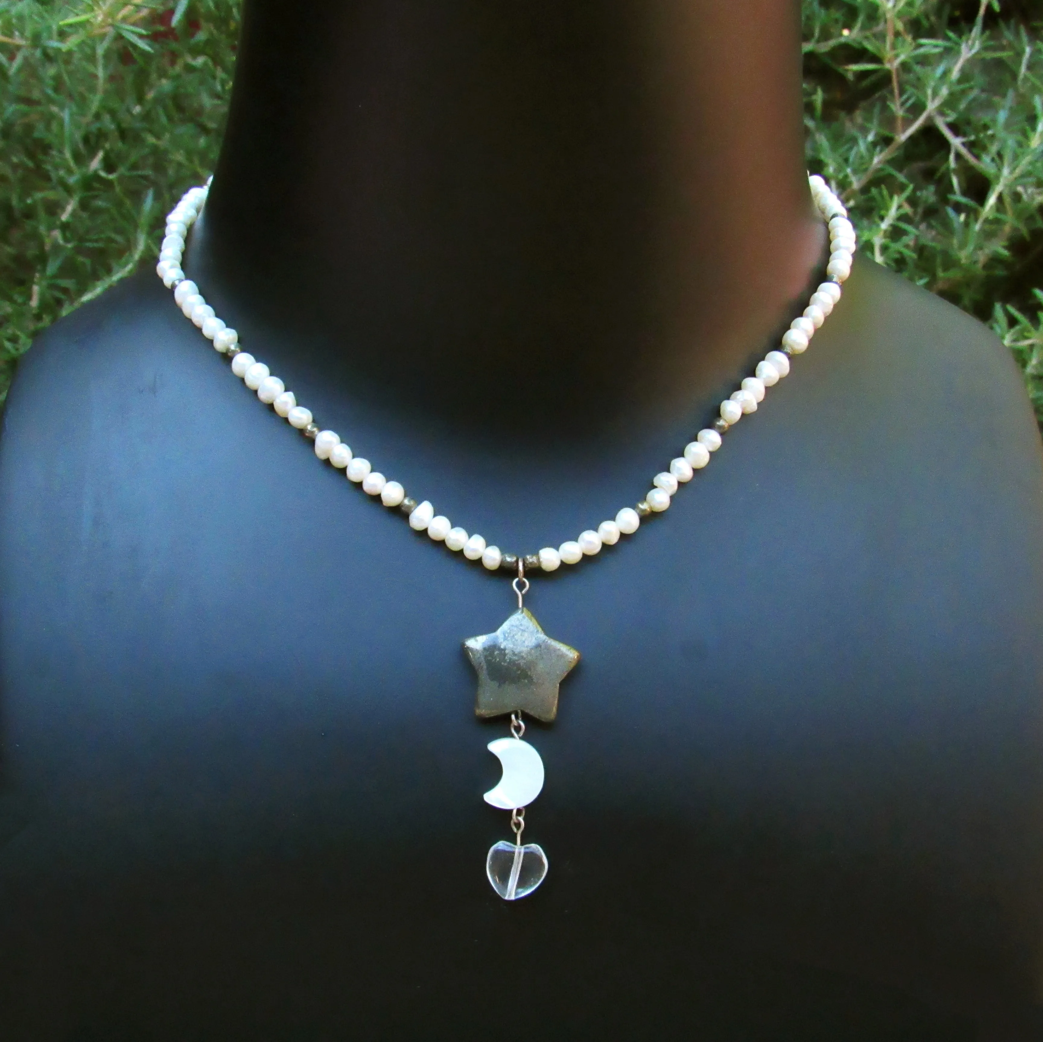 Pyrite Star, Mother of Pearl Moon, Clear Quartz Heart gemstone Necklace