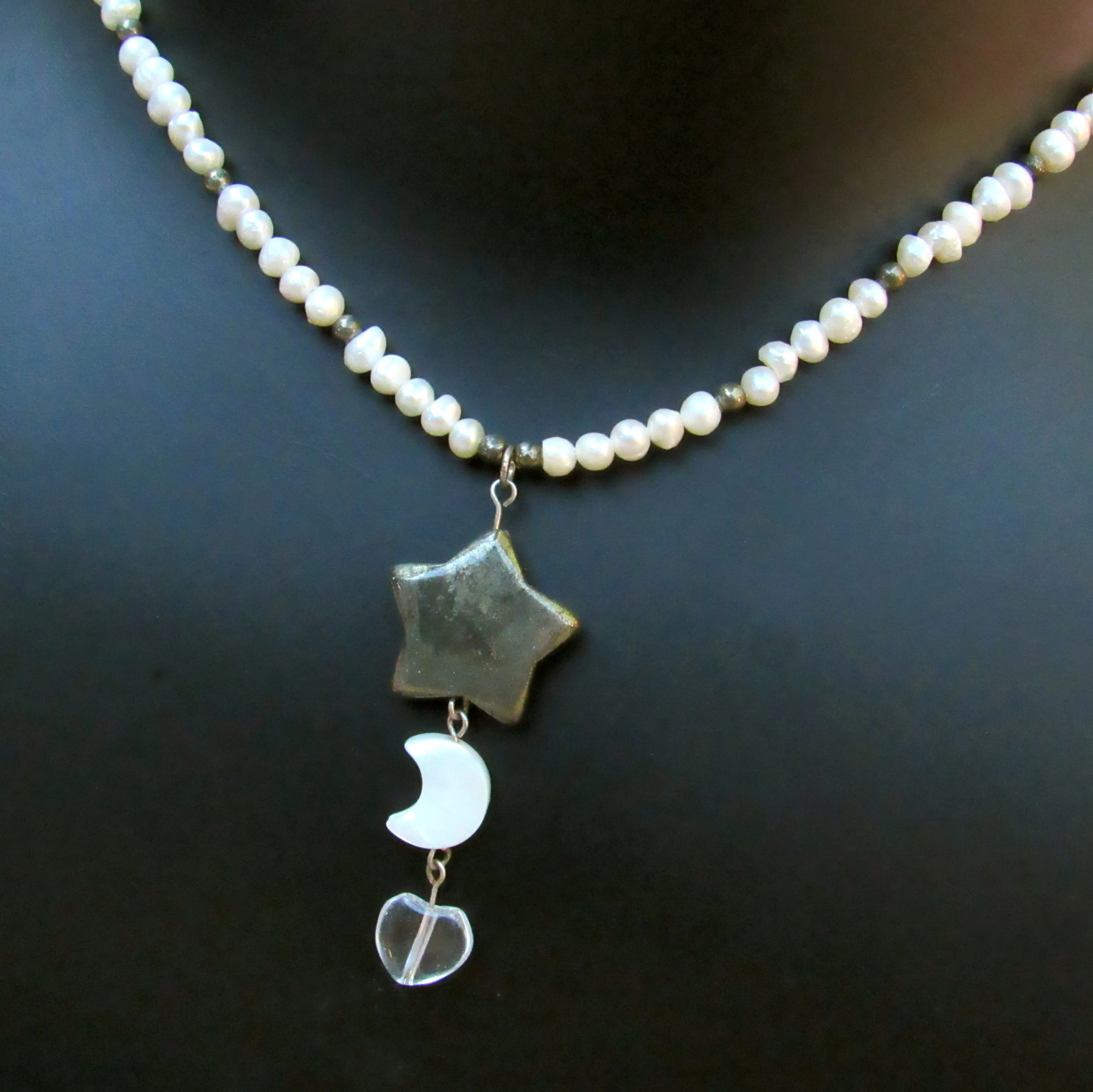 Pyrite Star, Mother of Pearl Moon, Clear Quartz Heart gemstone Necklace