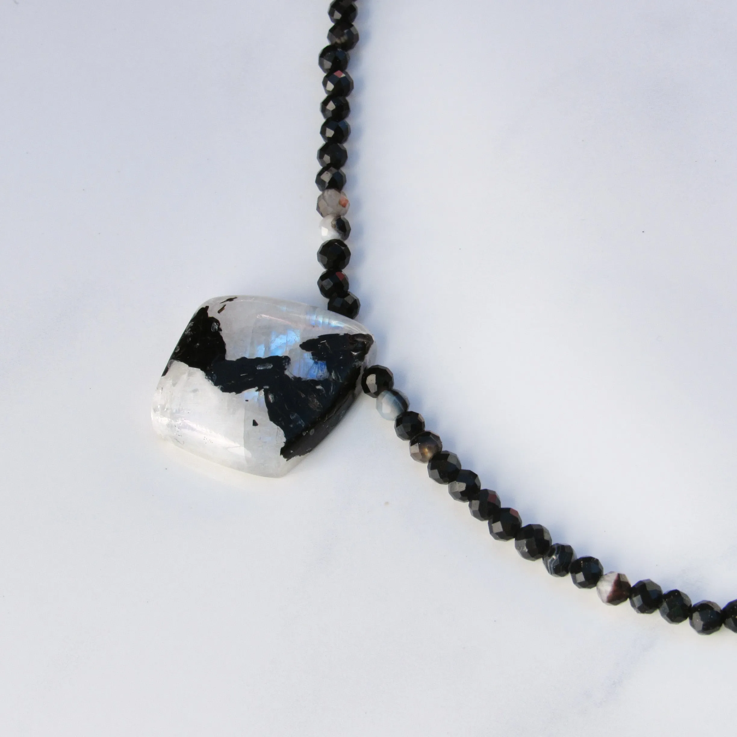 Rainbow Moonstone on Black Banded Agate w/ Sterling Silver