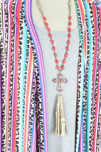 Red Cross Tassel Necklace & Earring Set