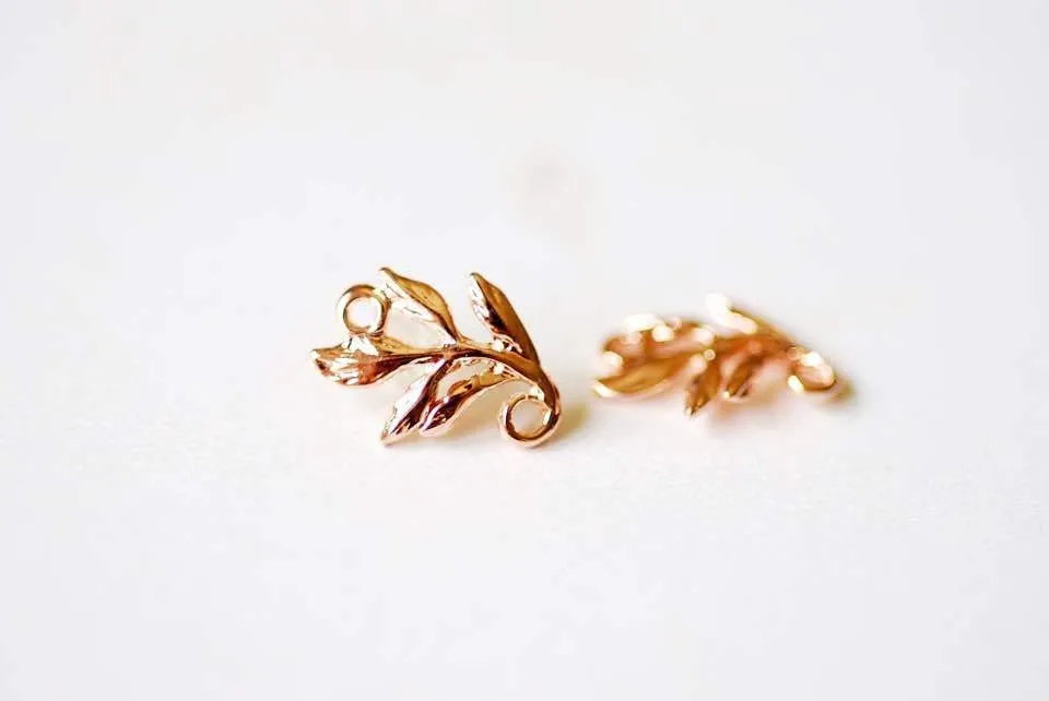 Shiny Wholesale Vermeil Rose Gold Fern Leaf Charm Connector -18k gold plated over sterling silver, vermeil gold flower nature leaf charm