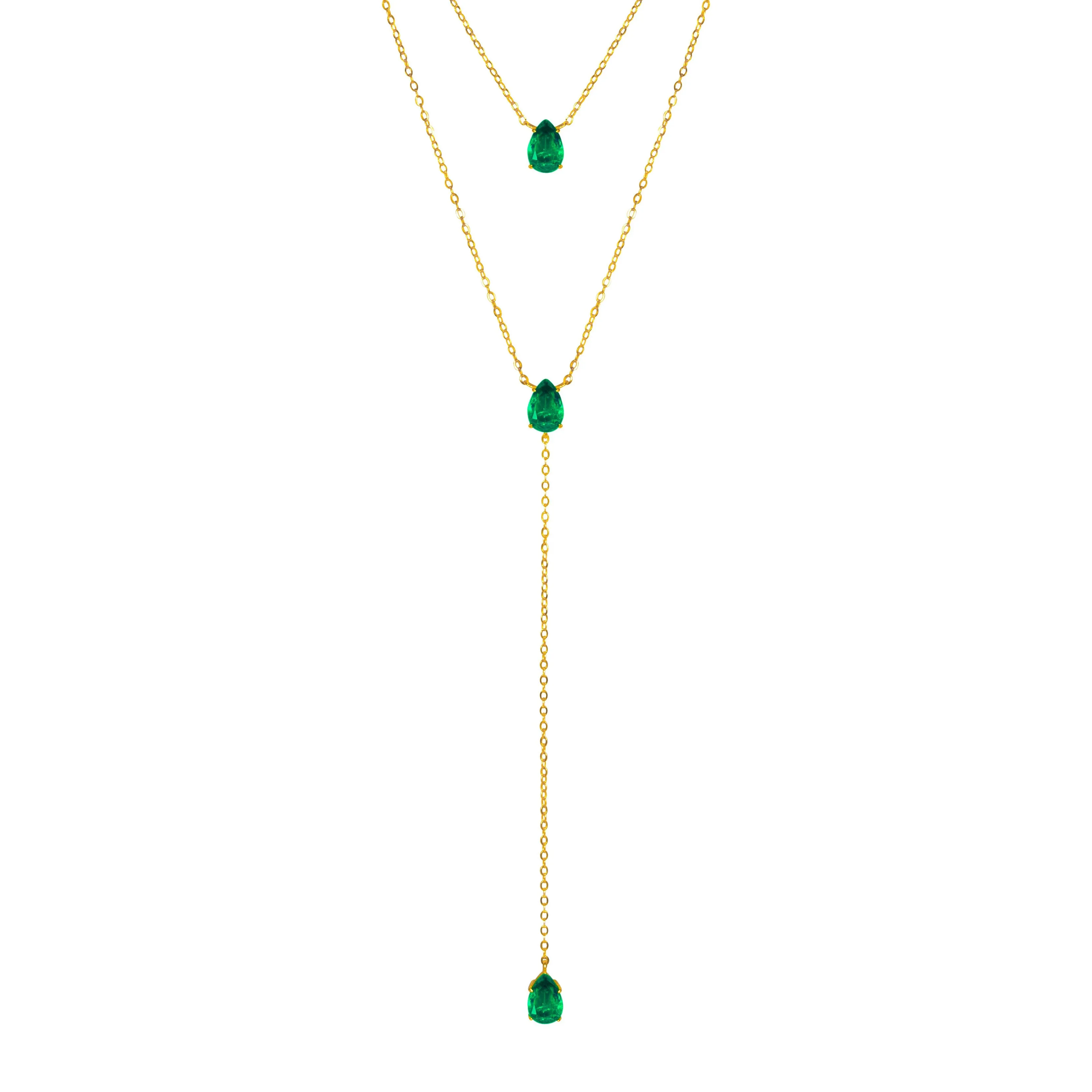 Silver gold plated emerald lariat necklace set