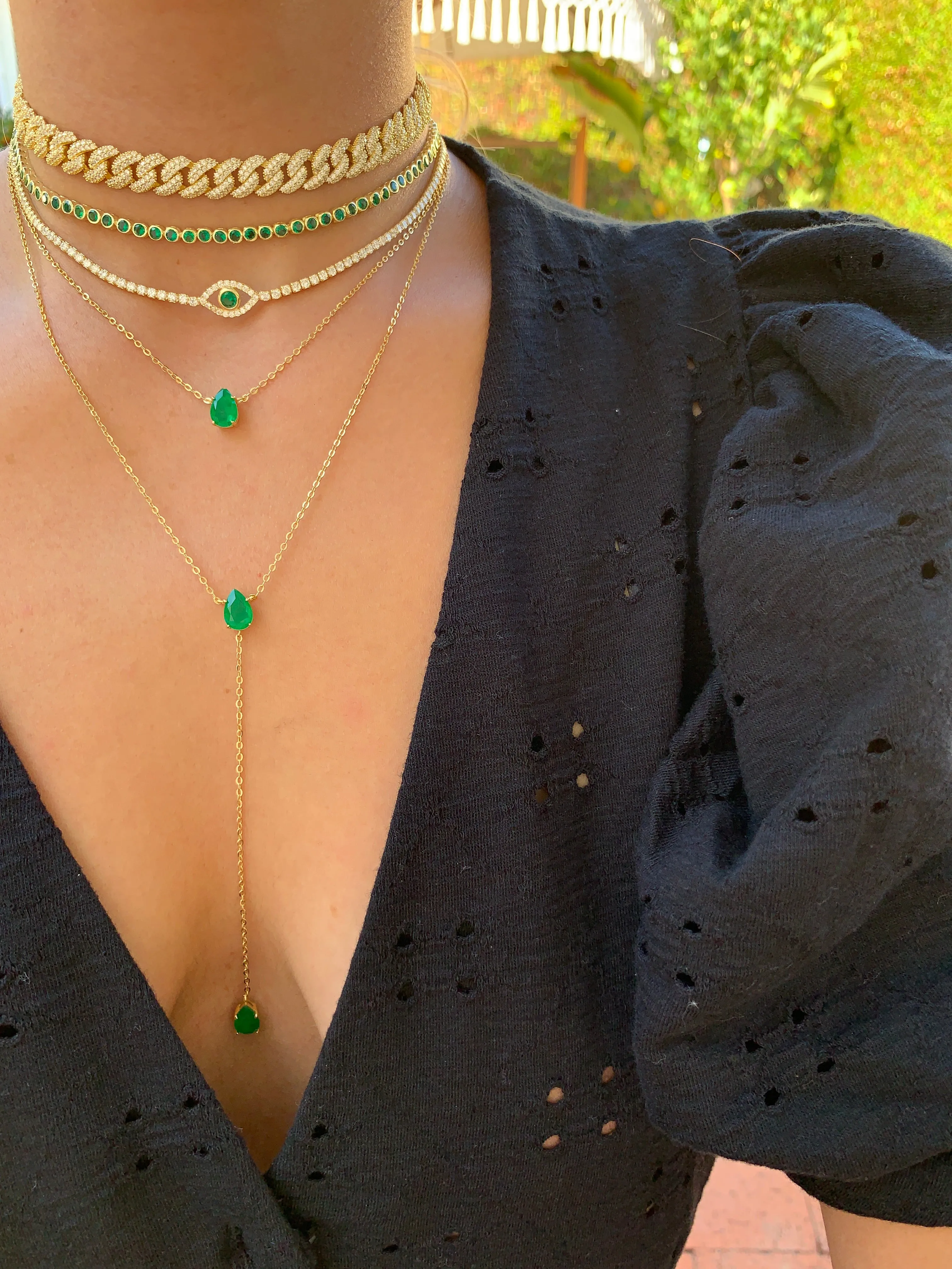 Silver gold plated emerald lariat necklace set