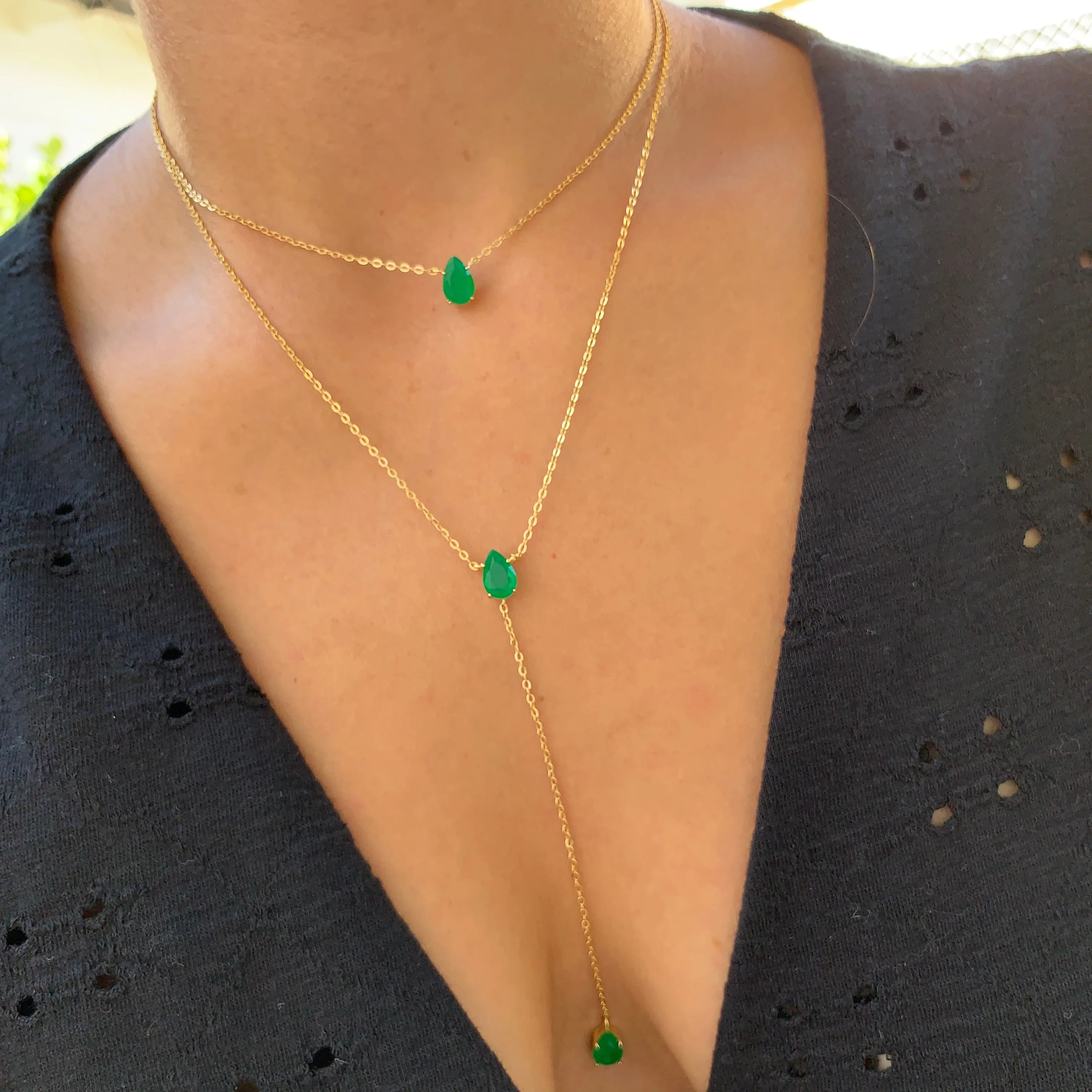 Silver gold plated emerald lariat necklace set