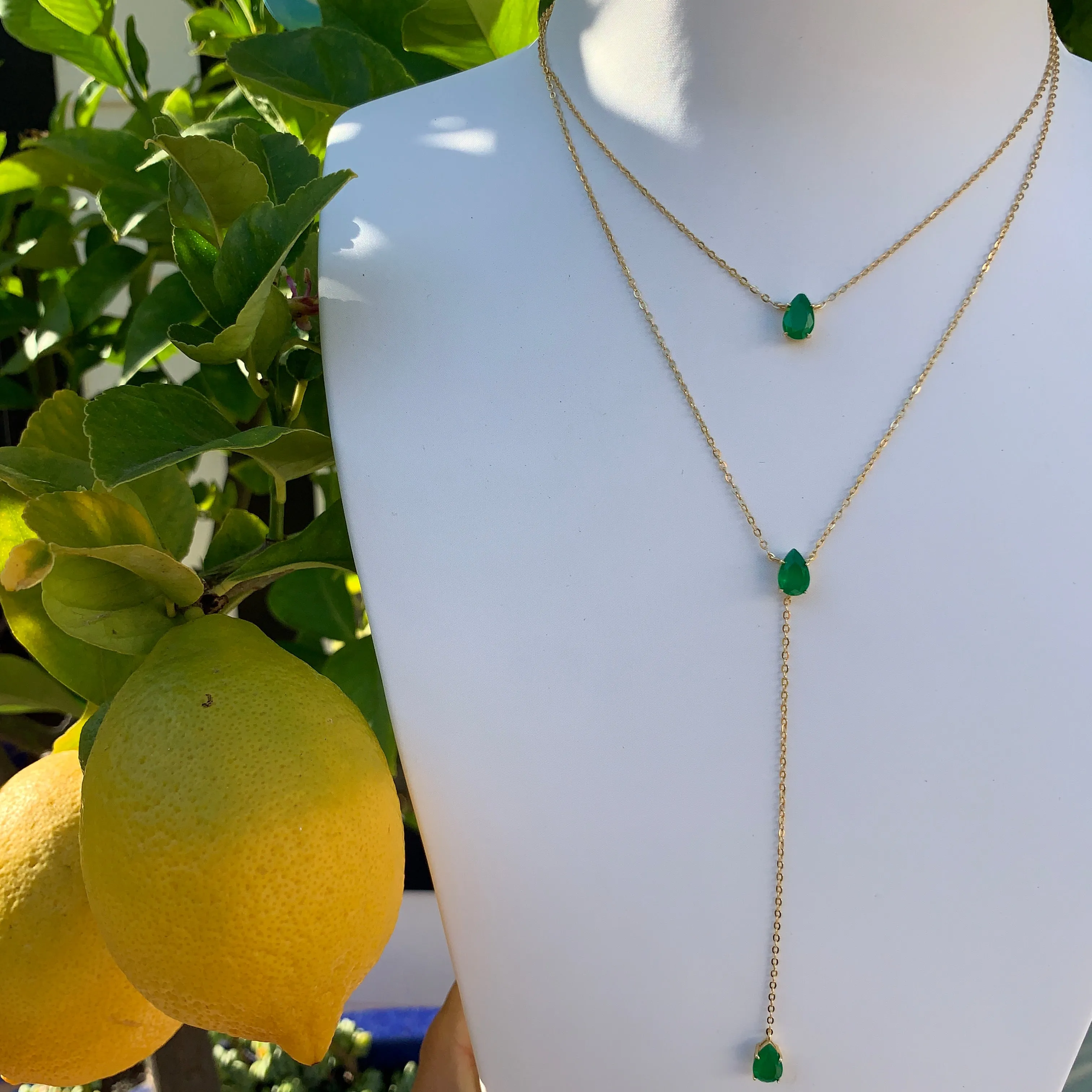 Silver gold plated emerald lariat necklace set