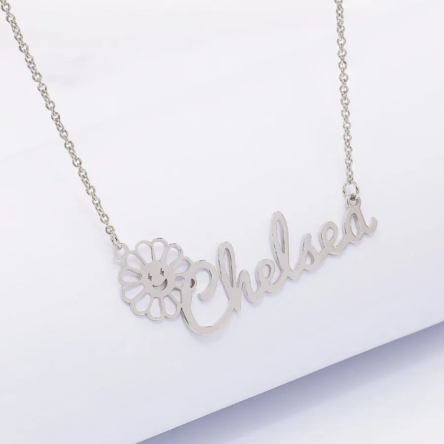 Silver Plated and Gold Plated Flower Script Name Necklace for Kids