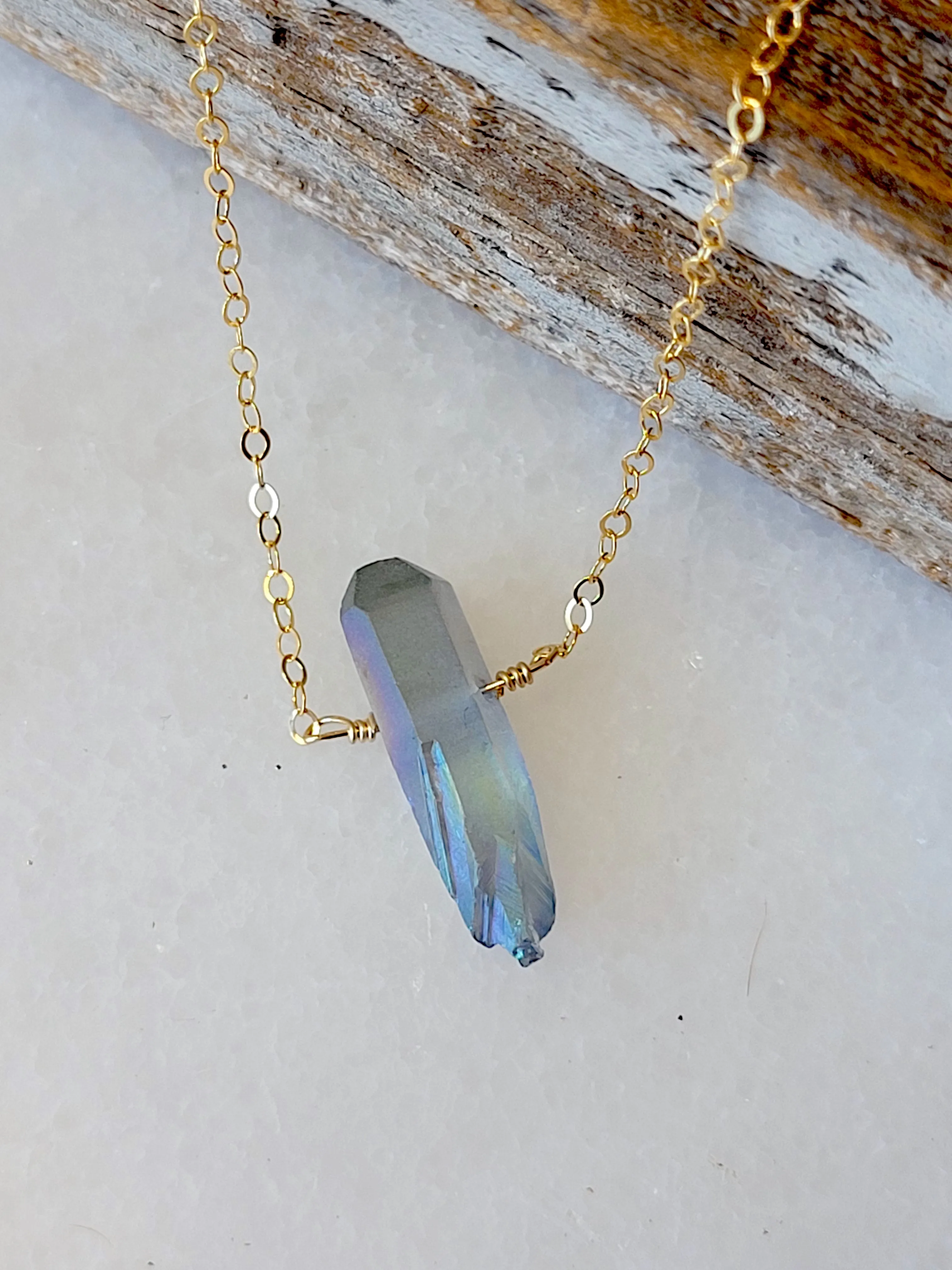 Single Raw Mystic Grey Quartz Crystal Pendant Necklace in Gold