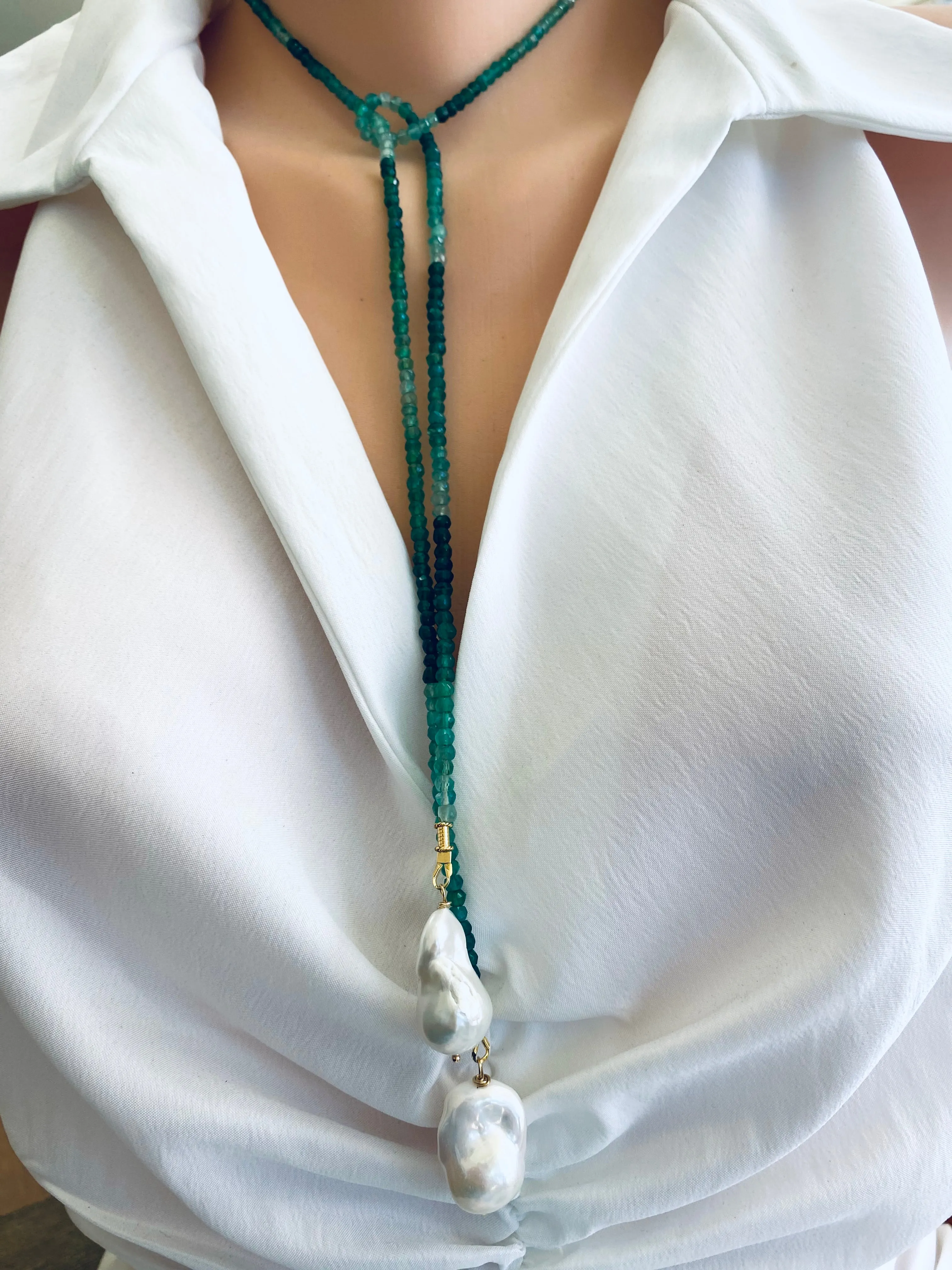 Single Strand Of Green Onyx Rondelle Beads & Two Baroque Pearls Lariat Wrap Necklace