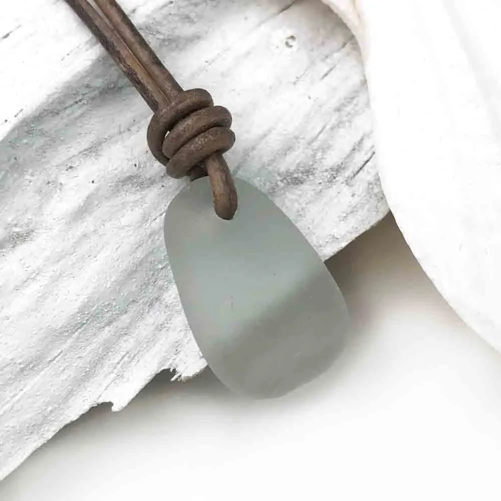 Smallest Ice Gray Sea Glass Leather Necklace | #1622