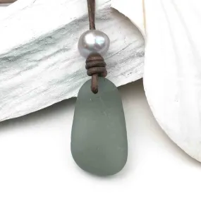 Genuine Pearl Necklace with Smoke Gray Sea Glass on Leather | Product #1615