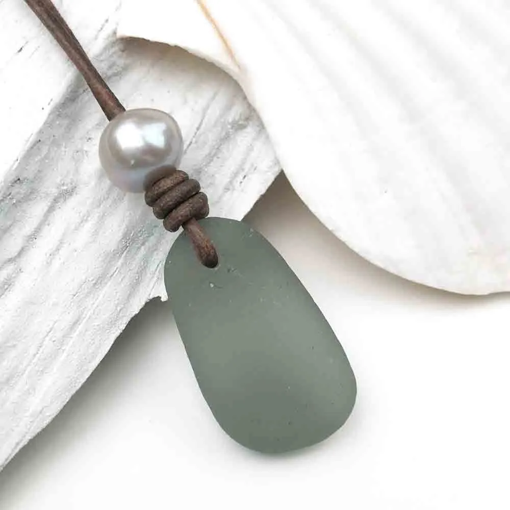 Genuine Pearl Necklace with Smoke Gray Sea Glass on Leather | Product #1615