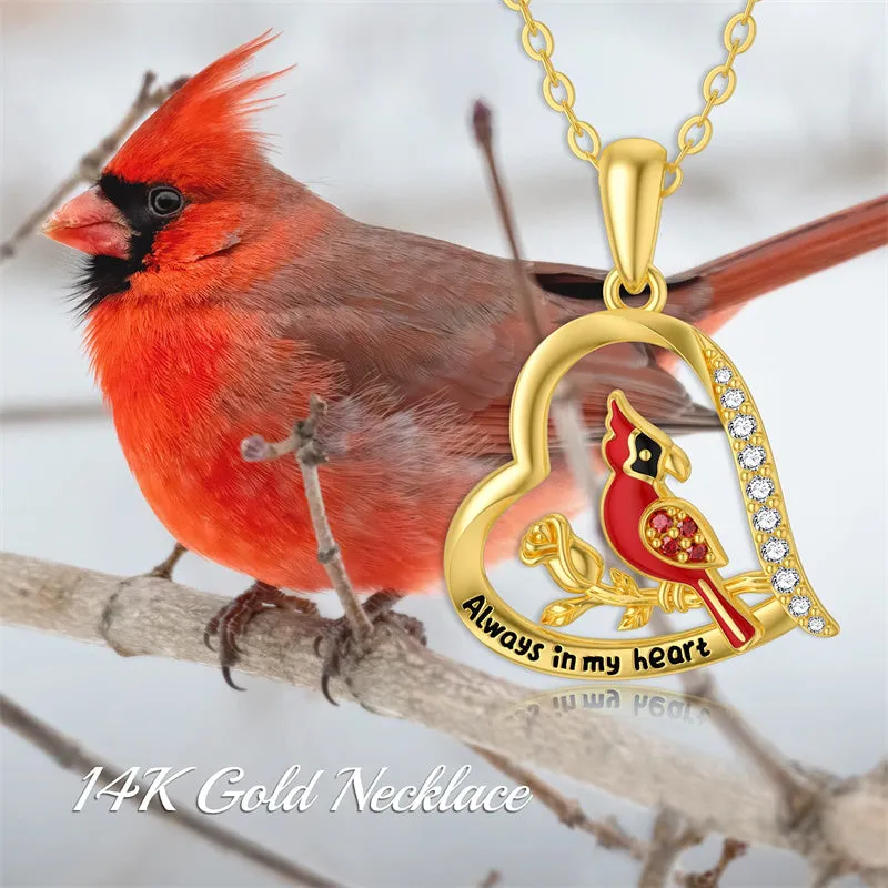 Soild 14K Gold Red Cardinal Bird Necklace, Real Gold Memorial Pendant Necklace Engrave Always in My Heart Fine Jewelry Gifts for Her