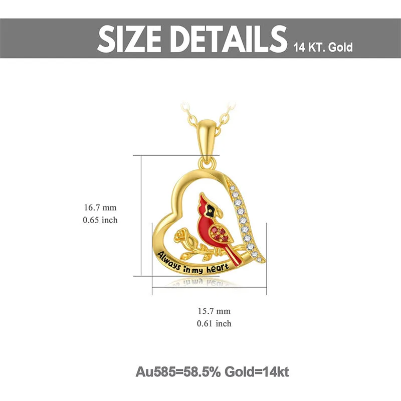 Soild 14K Gold Red Cardinal Bird Necklace, Real Gold Memorial Pendant Necklace Engrave Always in My Heart Fine Jewelry Gifts for Her