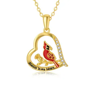 Soild 14K Gold Red Cardinal Bird Necklace, Real Gold Memorial Pendant Necklace Engrave Always in My Heart Fine Jewelry Gifts for Her