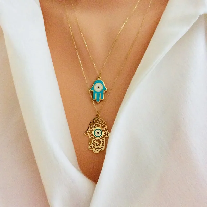 Solid Gold 18K Hamsa Charm Enamel Pendant Necklace 18Inches Long