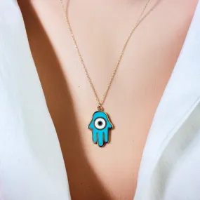 Solid Gold 18K Hamsa Charm Enamel Pendant Necklace 18Inches Long