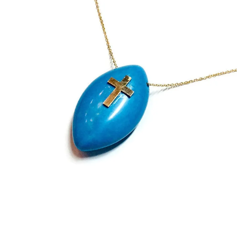 Solid Gold 18K Minimalist Turquoise Cross Pendant on Thin Chain