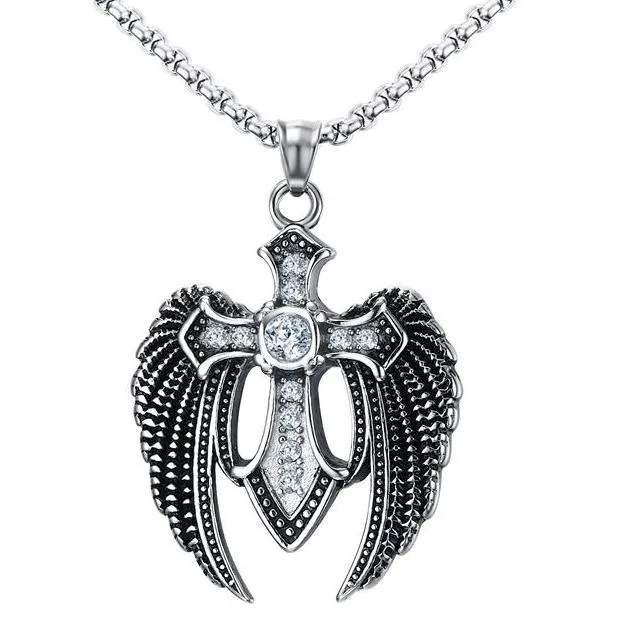 Stainless Steel Large Angel Wing Cross Necklace