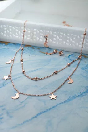 Stars & Moon Charms Rose Gold Plated Sterling Silver Necklace Set