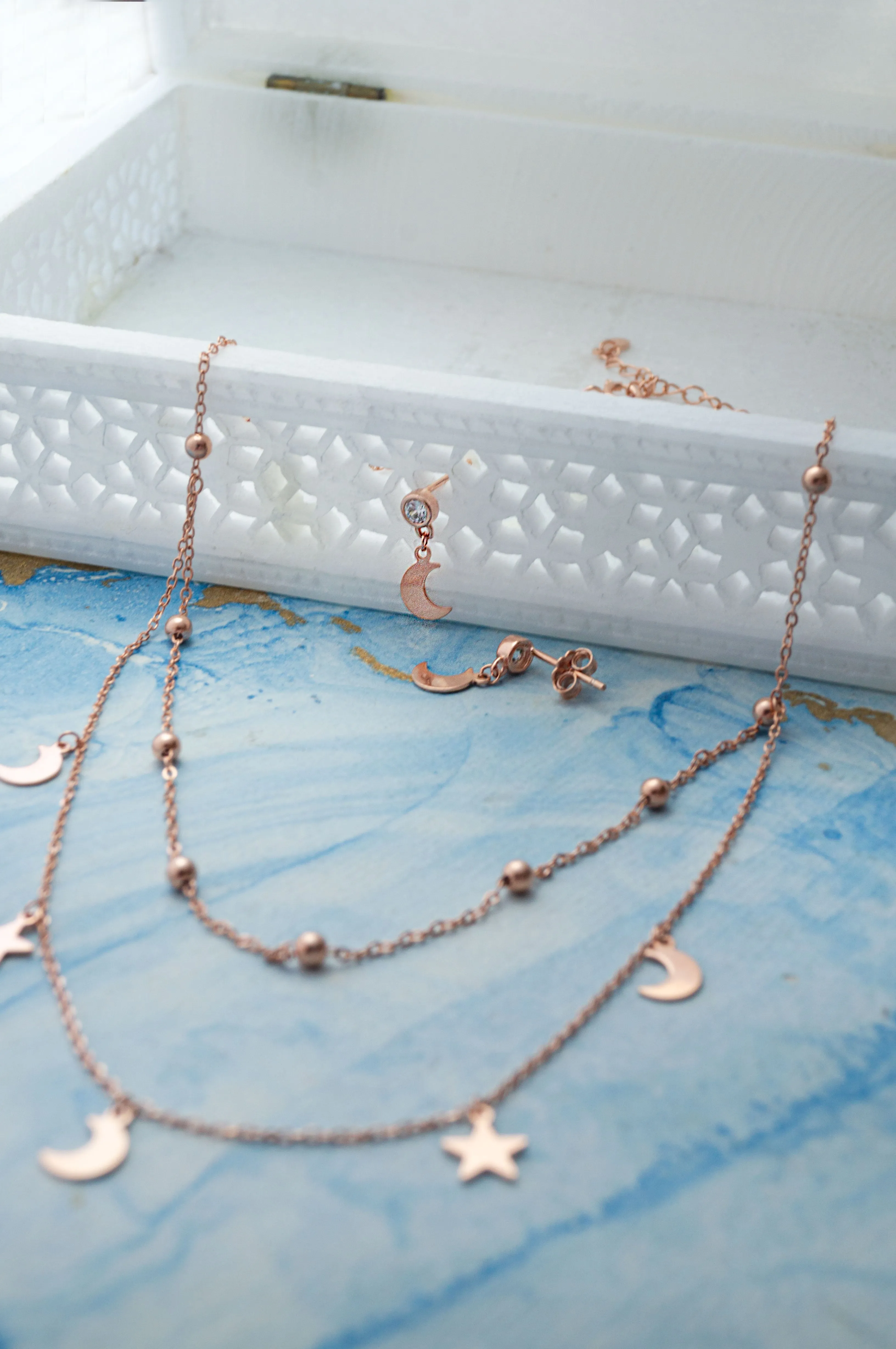 Stars & Moon Charms Rose Gold Plated Sterling Silver Necklace Set