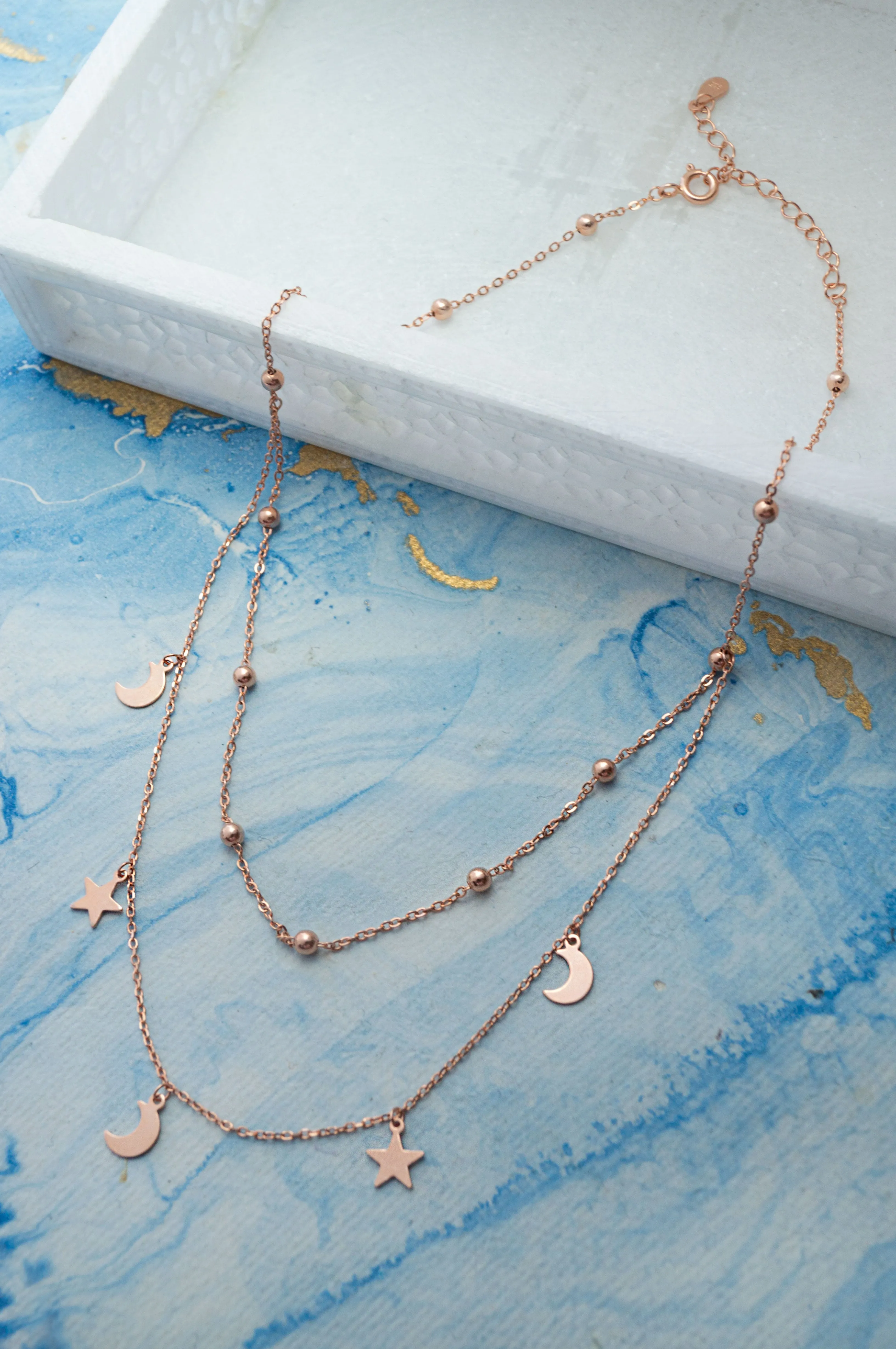 Stars & Moon Charms Rose Gold Plated Sterling Silver Necklace Set