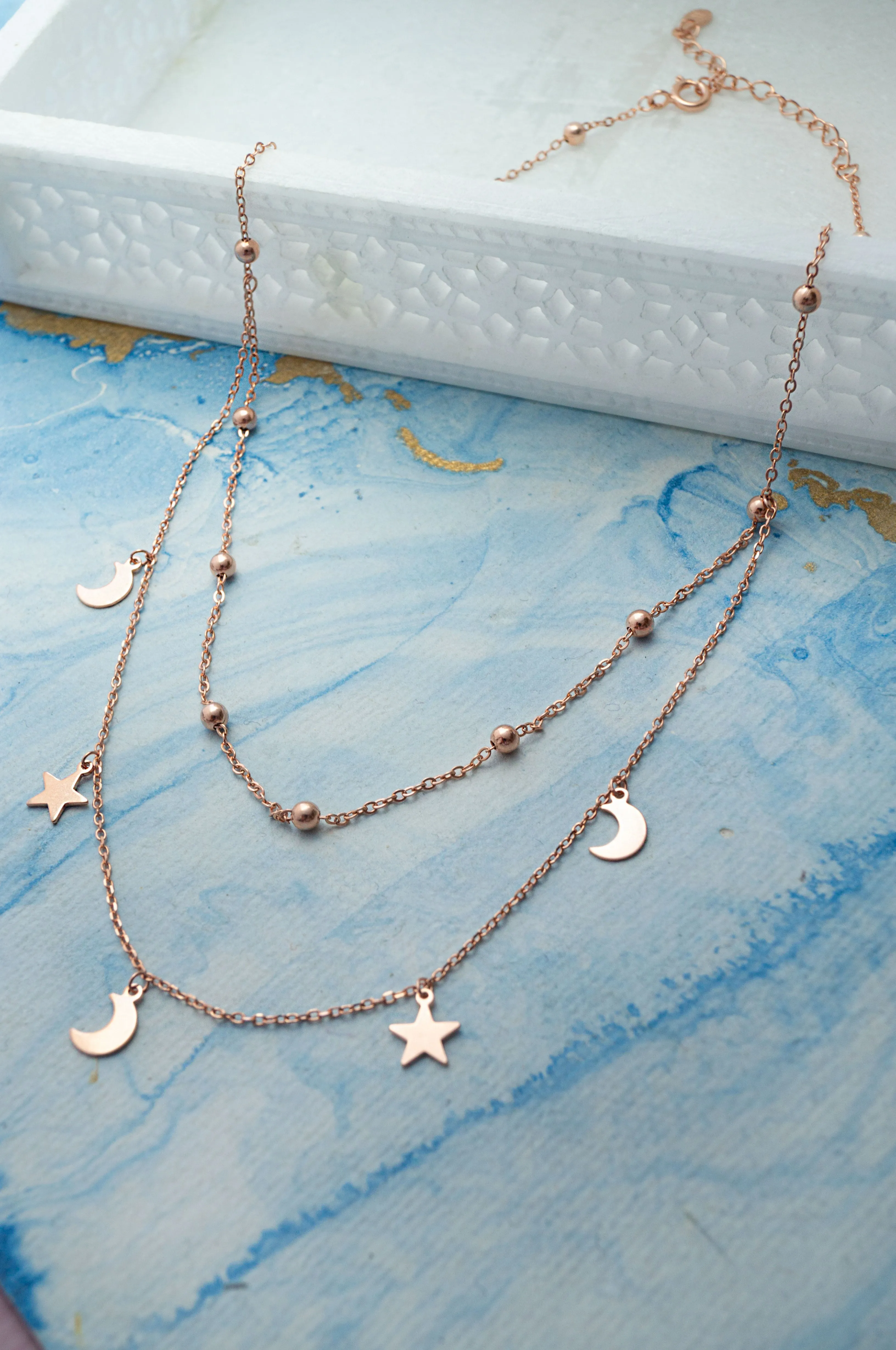 Stars & Moon Charms Rose Gold Plated Sterling Silver Necklace Set