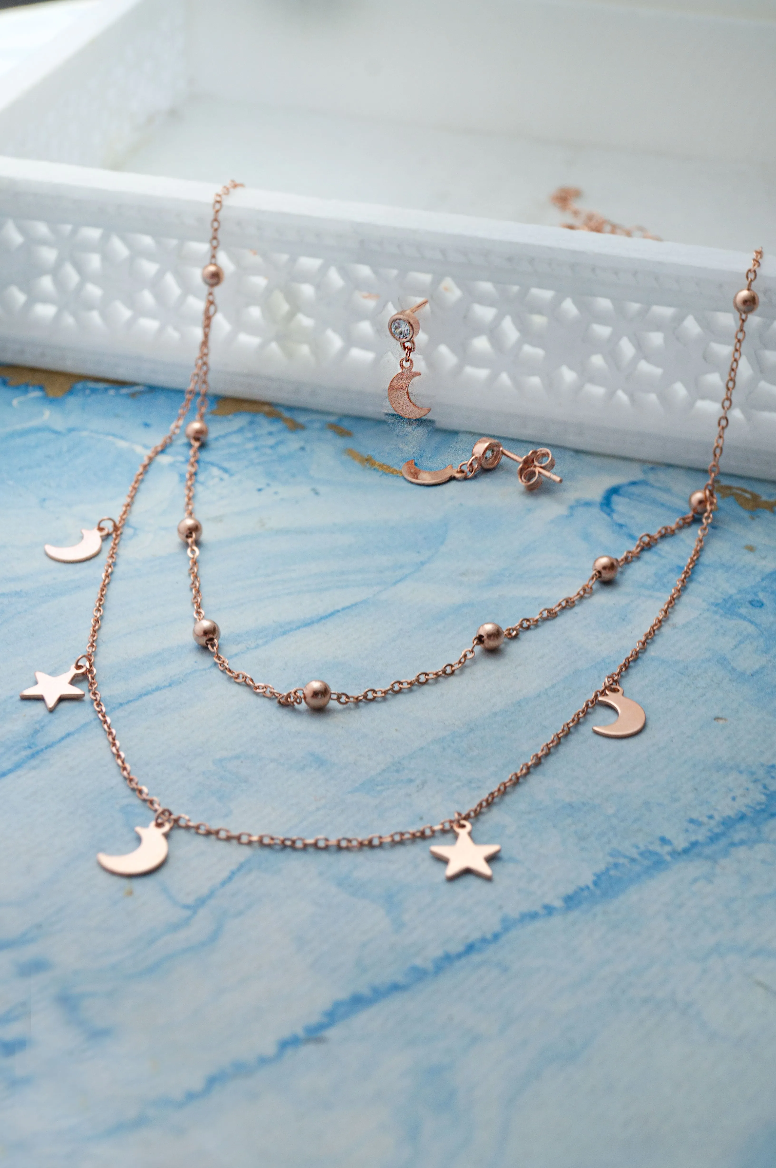 Stars & Moon Charms Rose Gold Plated Sterling Silver Necklace Set