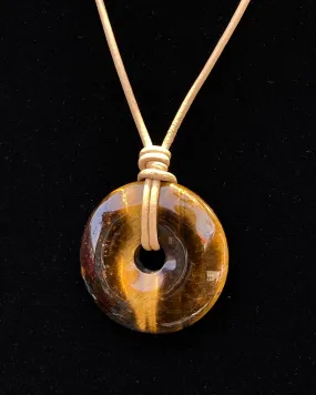 Tiger Eye gemstone Donut on genuine leather Necklace