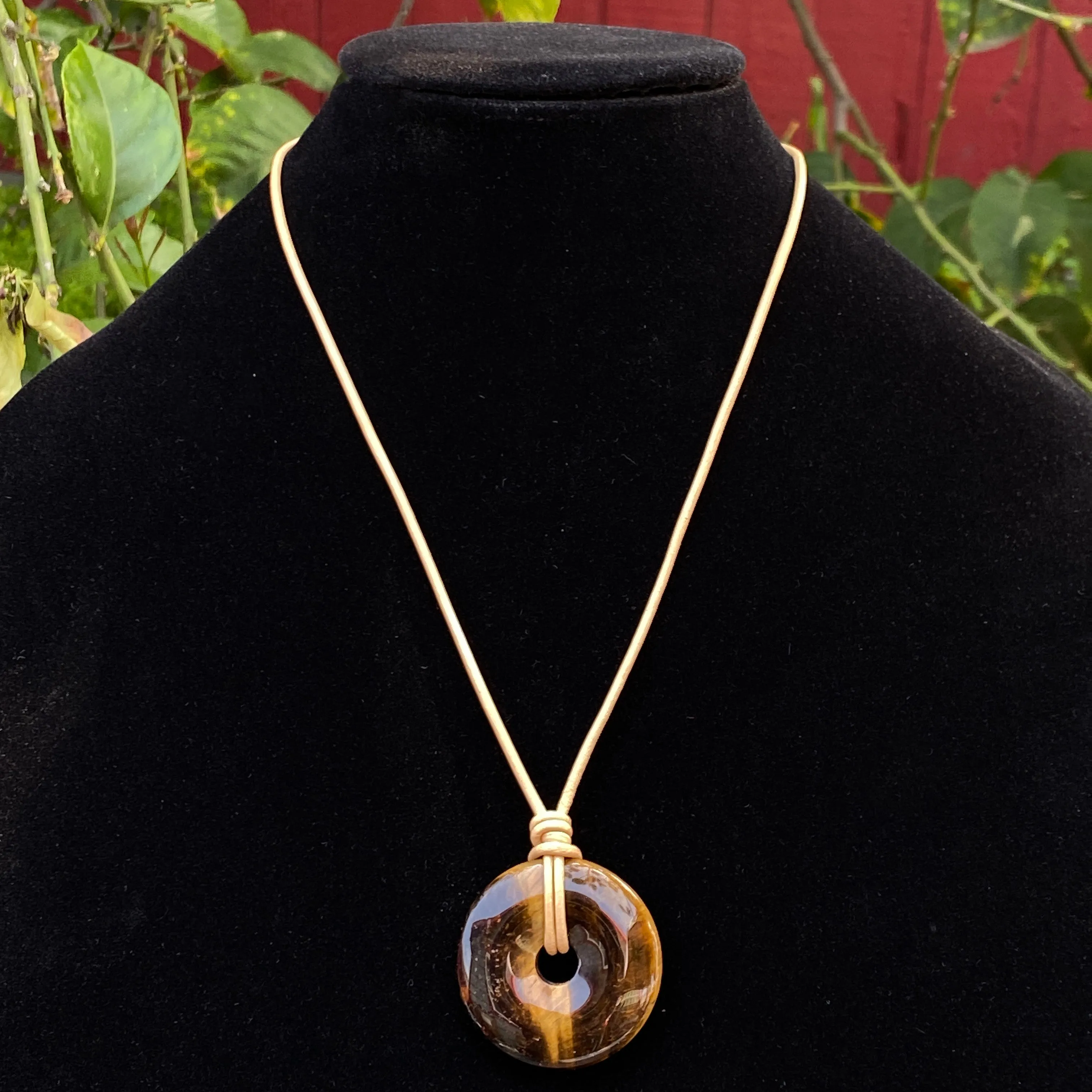 Tiger Eye gemstone Donut on genuine leather Necklace