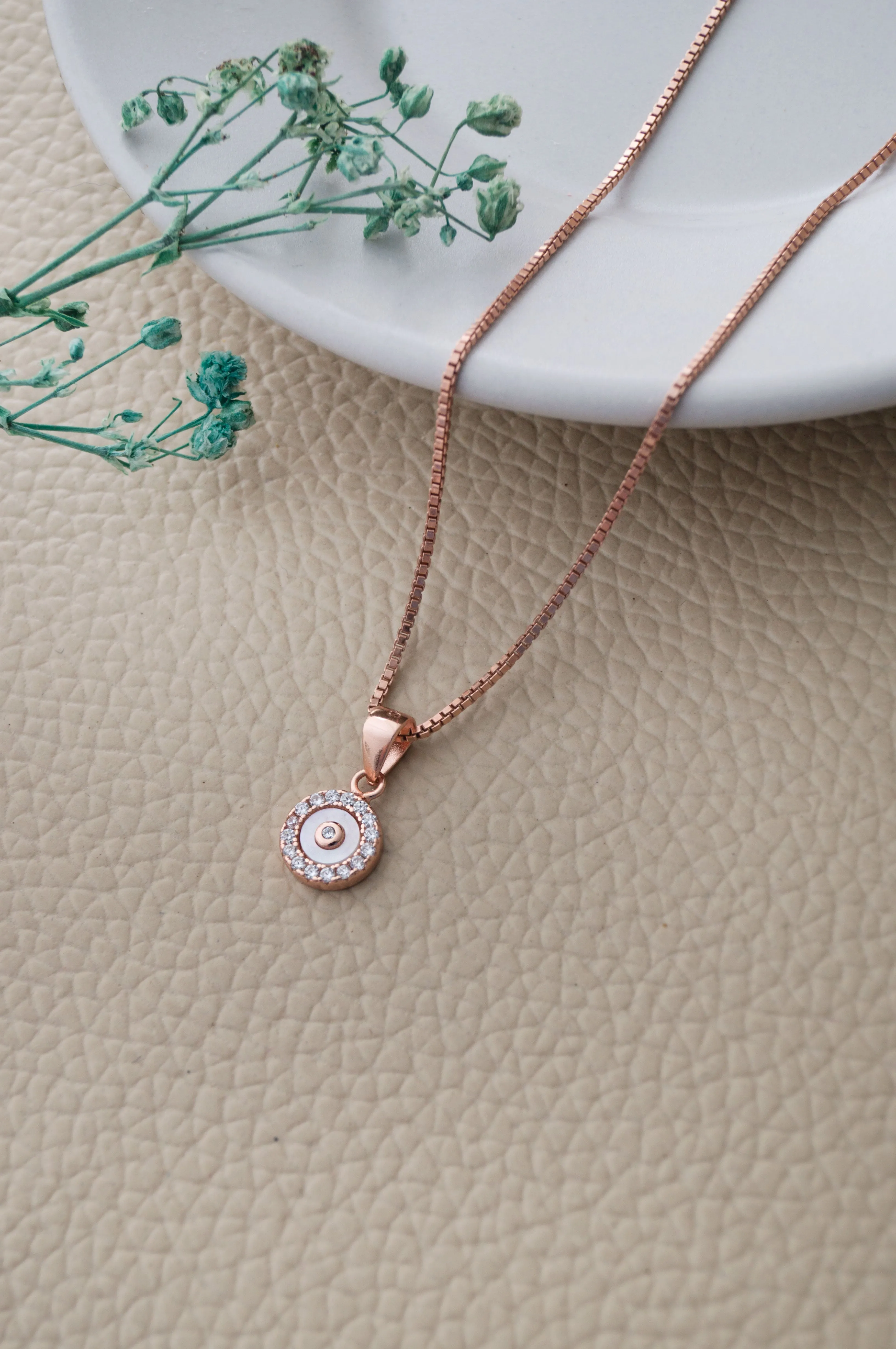 Tiny Mother Of Pearl Circlet Rose Gold Plated Sterling Silver Pendant Set