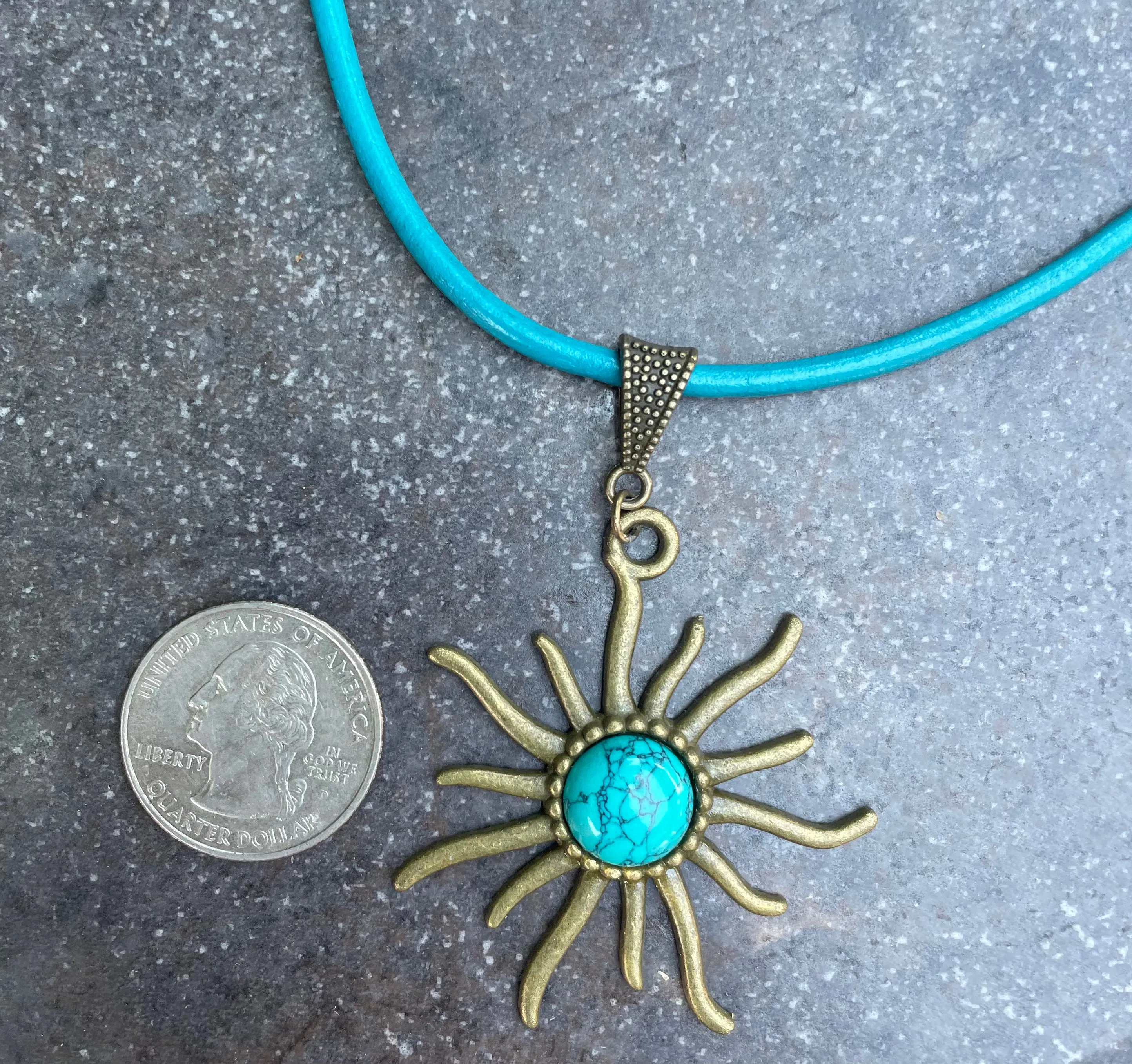 Turquoise gemstone Sun leather  Necklace