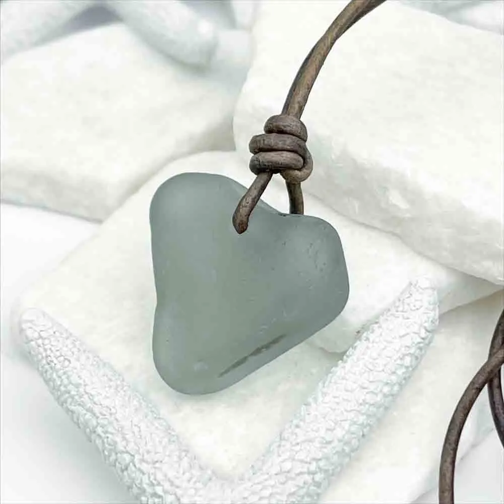 Vintage Automobile Gray Heart Sea Glass Leather Necklace | #5015