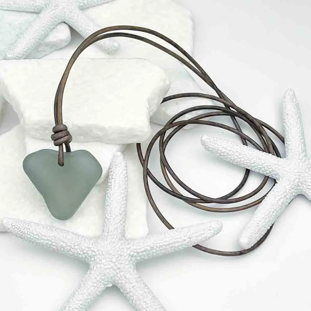 Vintage Automobile Gray Heart Sea Glass Leather Necklace | #5015