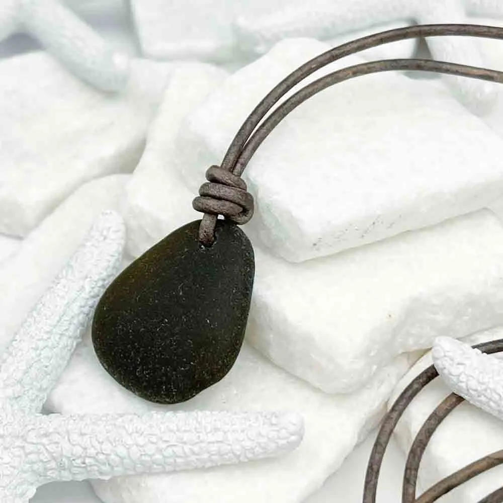 Warm Black Sea Glass Leather Necklace | #5021