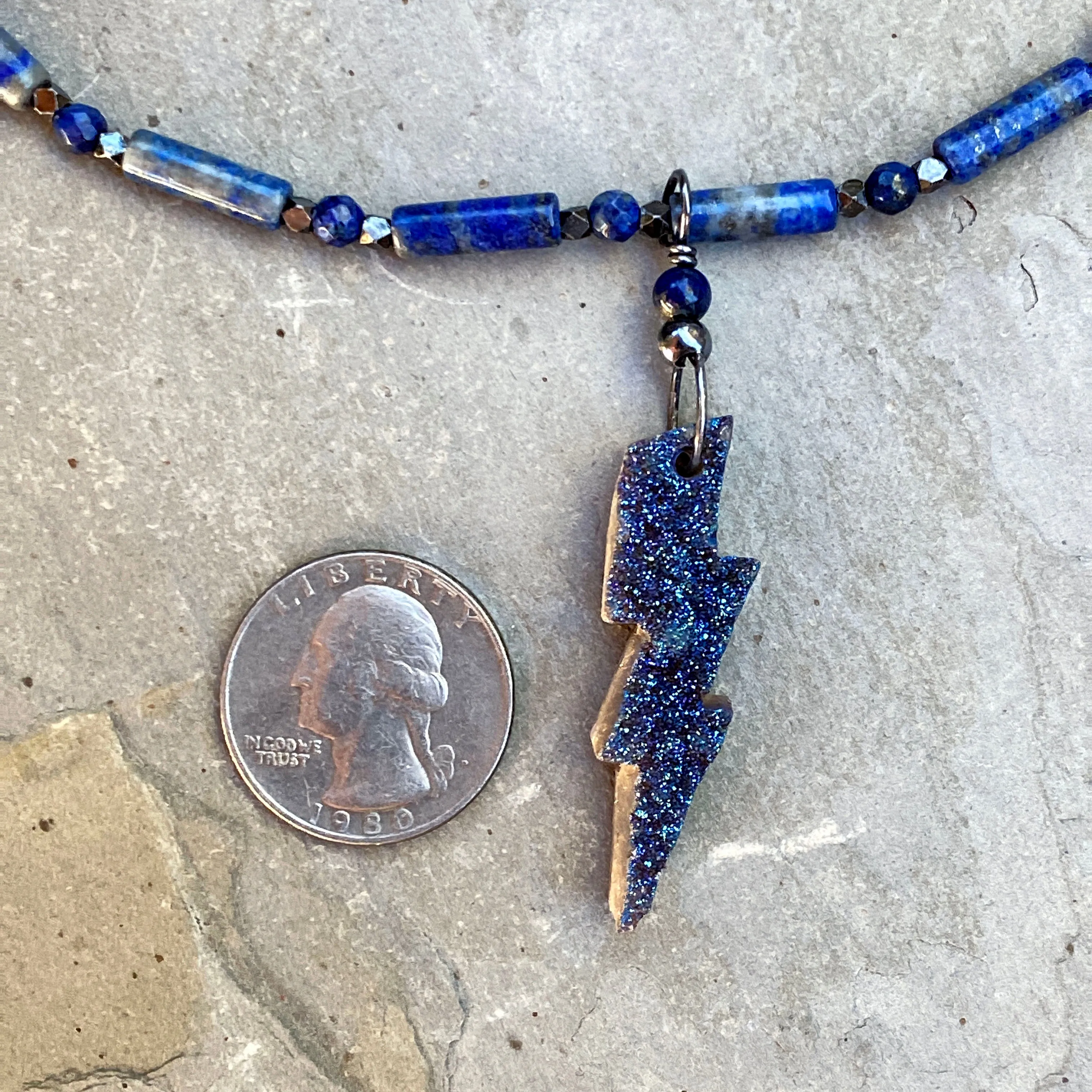 Women’s Blue Druzy Bolt Wired w/ Oxidized Sterling Silver and Lapis Lazuli Necklace